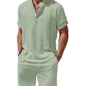 COOFANDY Linen Sets For Men 2 Pieces Henley Shirt Short Sleeve and Shorts With Pockets Sets Beach Yoga Matching Outfits