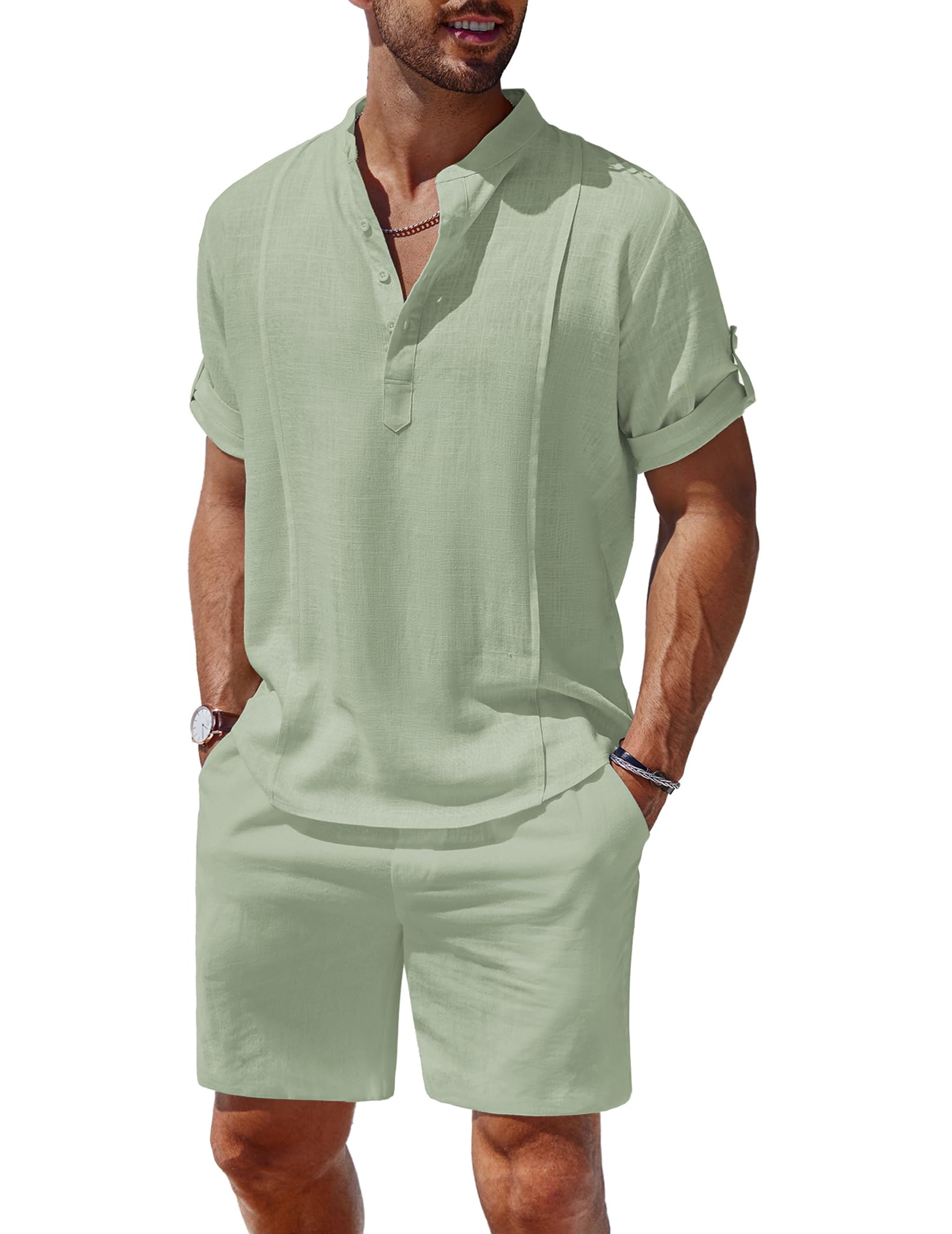 COOFANDY Linen Sets For Men 2 Pieces Henley Shirt Short Sleeve and Shorts With Pockets Sets Beach Yoga Matching Outfits