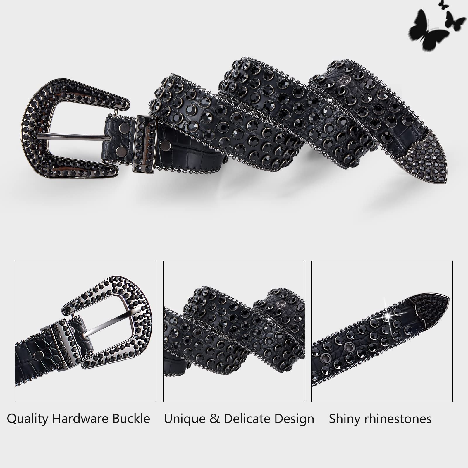 Rhinestone Belts for Men Women Bling Studded Belt With Metal Buckle Western Cowboy Punk Belt For Jeans Pants Jacket (Black-02, M Fit Waist:30-34inches（41.3" Length）)