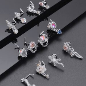 Tornito 12Pcs Dangle Nose Rings Stud L Shaped Nose Studs Flower Heart Arrow Feather Snake Gecko Snowflake Wing CZ Dangling Nose Piercing Jewelry for Women Men Silver Tone