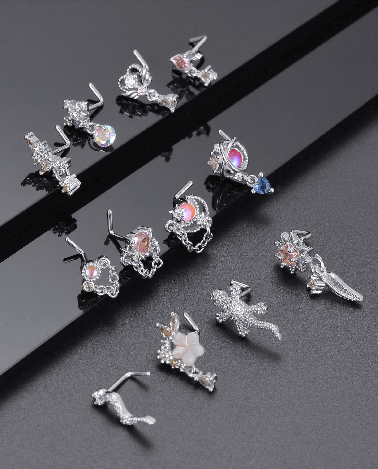 Tornito 12Pcs Dangle Nose Rings Stud L Shaped Nose Studs Flower Heart Arrow Feather Snake Gecko Snowflake Wing CZ Dangling Nose Piercing Jewelry for Women Men Silver Tone