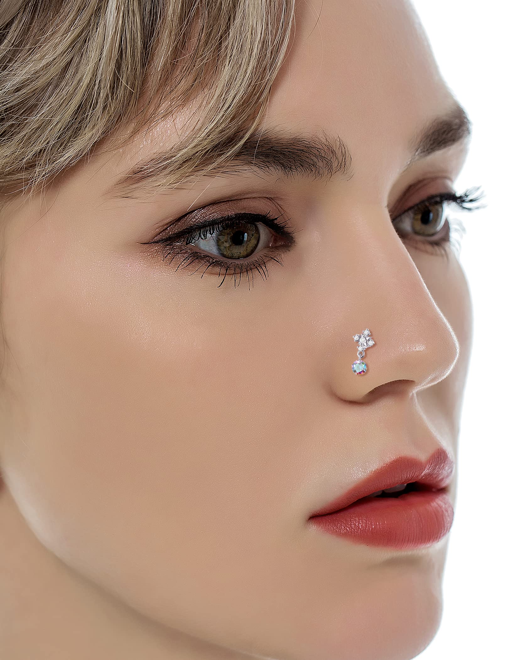 Tornito 12Pcs Dangle Nose Rings Stud L Shaped Nose Studs Flower Heart Arrow Feather Snake Gecko Snowflake Wing CZ Dangling Nose Piercing Jewelry for Women Men Silver Tone