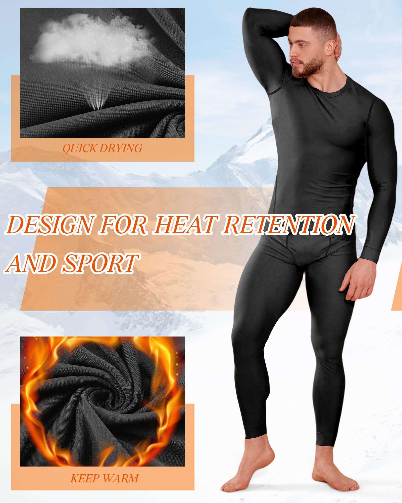 Didaey 3 Set Winter Thermal Underwear for Men Cold Weather Fleece Lined Top Bottom for Hunting Gear Sport(Black, Black Grey, White, X-Large)