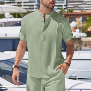 COOFANDY Linen Sets For Men 2 Pieces Henley Shirt Short Sleeve and Shorts With Pockets Sets Beach Yoga Matching Outfits