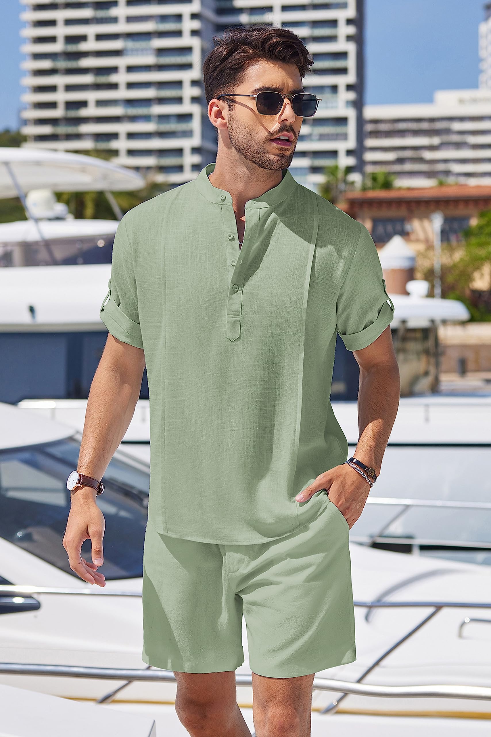 COOFANDY Linen Sets For Men 2 Pieces Henley Shirt Short Sleeve and Shorts With Pockets Sets Beach Yoga Matching Outfits