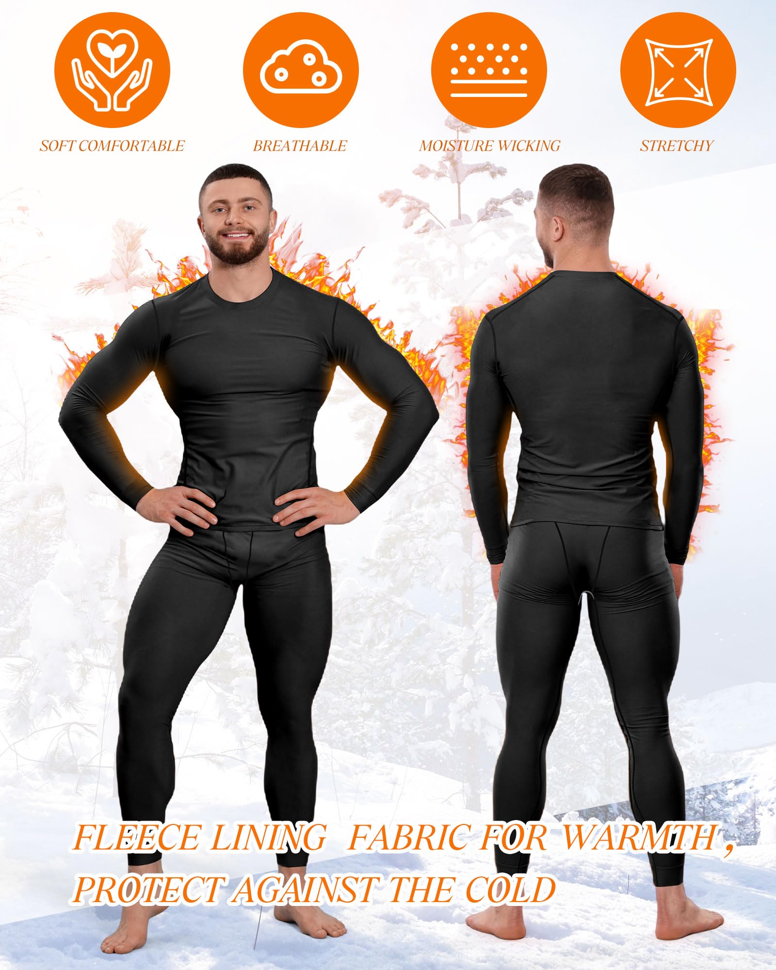 Didaey 3 Set Winter Thermal Underwear for Men Cold Weather Fleece Lined Top Bottom for Hunting Gear Sport(Black, Black Grey, White, X-Large)