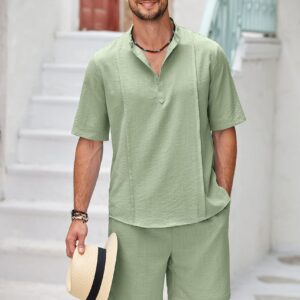 COOFANDY Linen Sets For Men 2 Pieces Henley Shirt Short Sleeve and Shorts With Pockets Sets Beach Yoga Matching Outfits