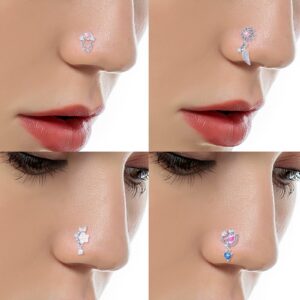 Tornito 12Pcs Dangle Nose Rings Stud L Shaped Nose Studs Flower Heart Arrow Feather Snake Gecko Snowflake Wing CZ Dangling Nose Piercing Jewelry for Women Men Silver Tone