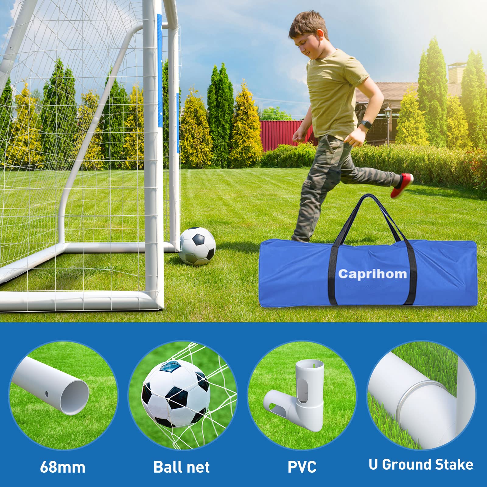 Caprihom Soccer Goal for Backyard 6FTx 4FT Soccer Net for Backyard with Weatherproof UPVC Frame,Ground Stakes | Portable Full Size Soccer Net Goal PVC Soccer Goal Post