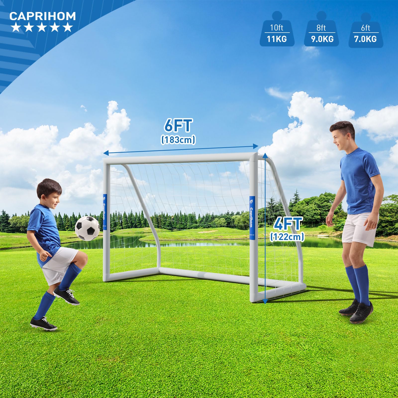 Caprihom Soccer Goal for Backyard 6FTx 4FT Soccer Net for Backyard with Weatherproof UPVC Frame,Ground Stakes | Portable Full Size Soccer Net Goal PVC Soccer Goal Post