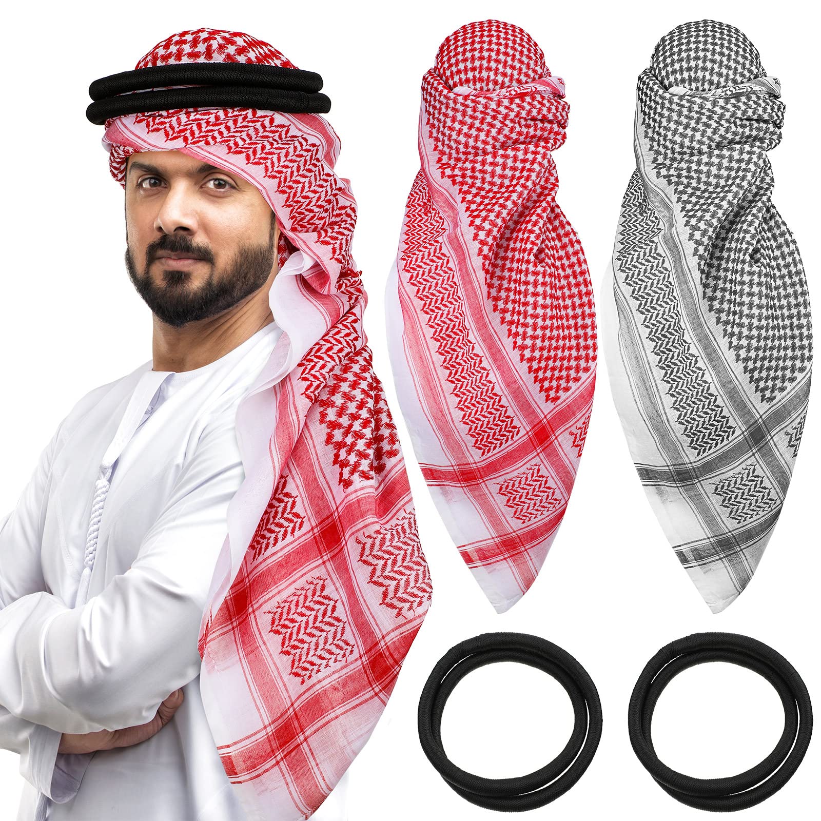 Funtery 2 Pcs Arab Head Scarf for Men with Lgal Aqel Rope Middle East Desert Shemagh Wrap Arab Costume(Pink, Black, White)