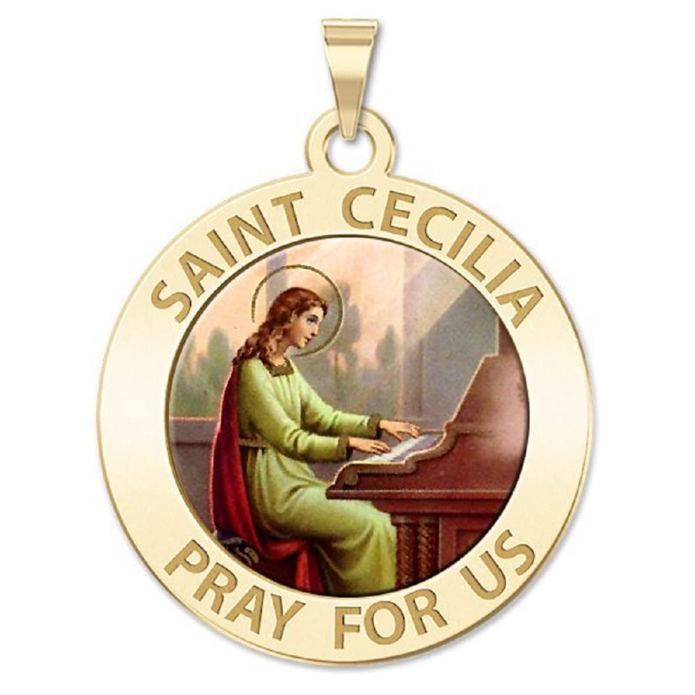 PicturesOnGold.com Saint Cecilia Round Religious Medal - 14k Yellow Gold - 2/3 x 2/3 Inch Size of Dime