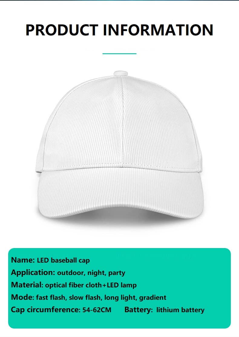 LED Light Up Hat for Men，7 Colors Glow Hat Fiber Optic Rave Luminous Baseball Cap for Women USB Charging White