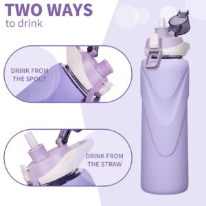 DEARRAY 32 oz Sports Glass Water Bottle with Straw & Silicone Sleeve Reusable BPA-free Borosilicate Glass Drinking Bottle with Flip Top Lid & Handle Wide Mouth (Light Violet)