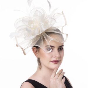 Fascinator Women's Organza Church Kentucky Derby British Bridal Tea Party Wedding Hat Summer Ruffle Hat, Medium(HJ2-Beige Flower)