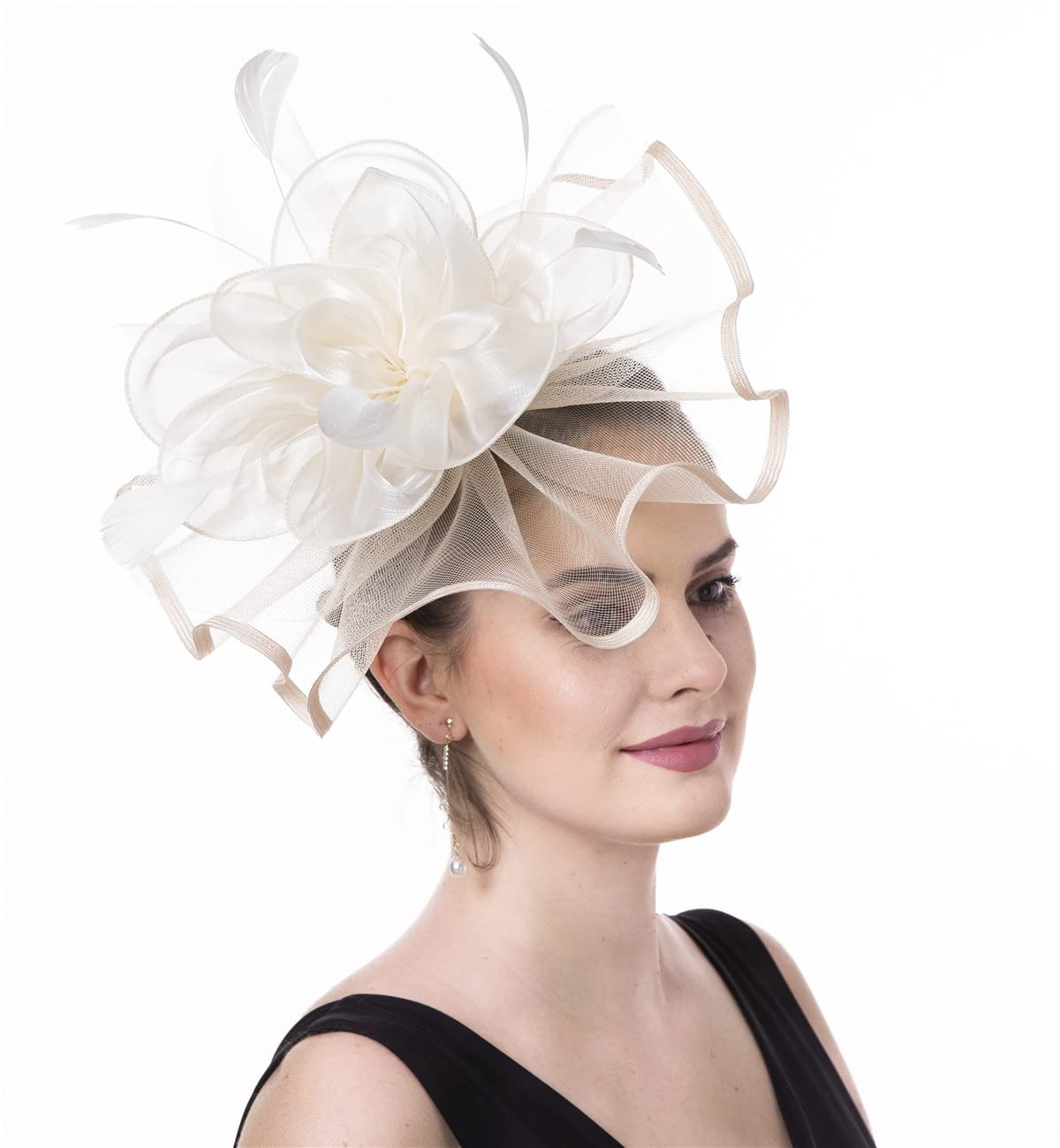 Fascinator Women's Organza Church Kentucky Derby British Bridal Tea Party Wedding Hat Summer Ruffle Hat, Medium(HJ2-Beige Flower)