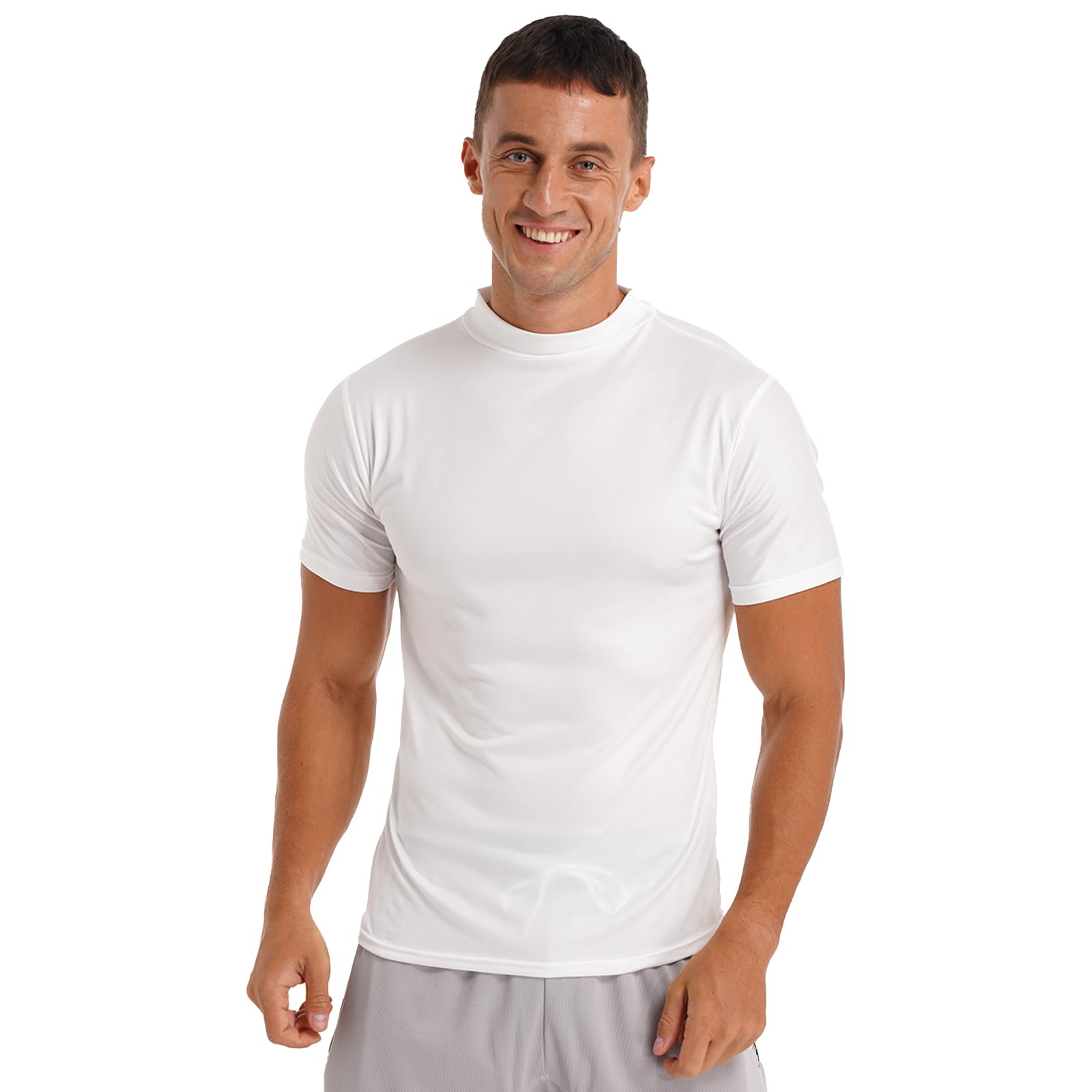 YEAHDOR Mens Mock Neck T Shirts Short Sleeve Turtleneck Casual Undershirt Pullover Thermal Solid Tops White Large