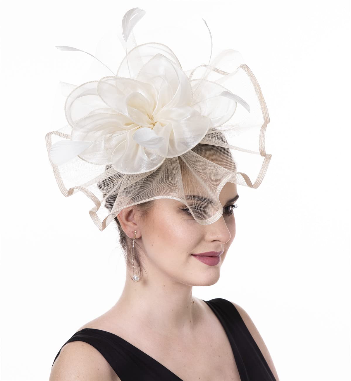 Fascinator Women's Organza Church Kentucky Derby British Bridal Tea Party Wedding Hat Summer Ruffle Hat, Medium(HJ2-Beige Flower)