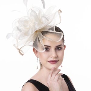 Fascinator Women's Organza Church Kentucky Derby British Bridal Tea Party Wedding Hat Summer Ruffle Hat, Medium(HJ2-Beige Flower)