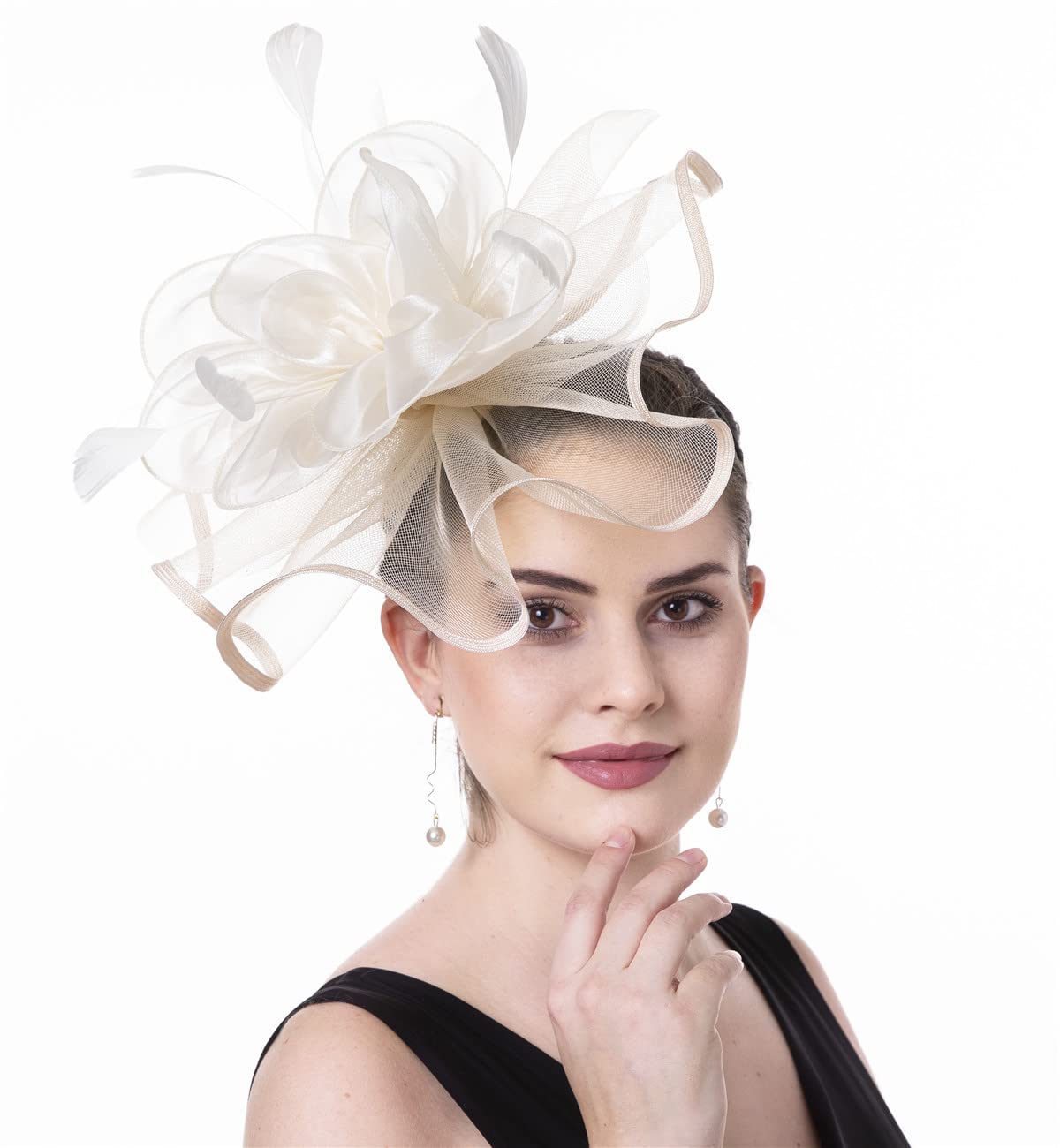 Fascinator Women's Organza Church Kentucky Derby British Bridal Tea Party Wedding Hat Summer Ruffle Hat, Medium(HJ2-Beige Flower)