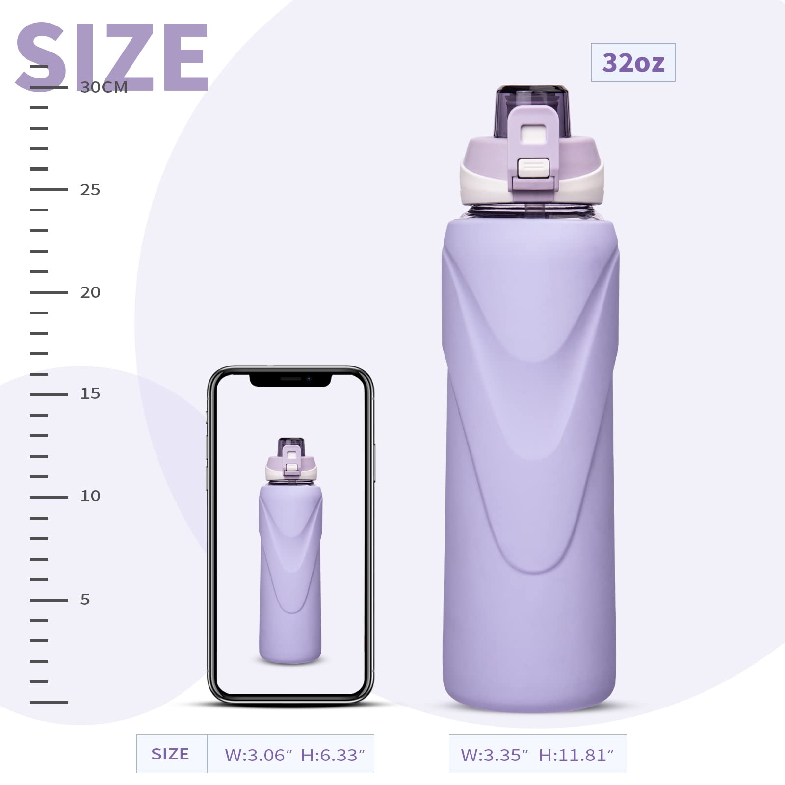 DEARRAY 32 oz Sports Glass Water Bottle with Straw & Silicone Sleeve Reusable BPA-free Borosilicate Glass Drinking Bottle with Flip Top Lid & Handle Wide Mouth (Light Violet)