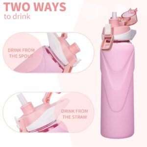 DEARRAY 32 oz Sports Glass Water Bottle with Straw & Silicone Sleeve Reusable BPA-free Borosilicate Glass Drinking Bottle with Flip Top Lid & Handle Wide Mouth (Pastel Pink)