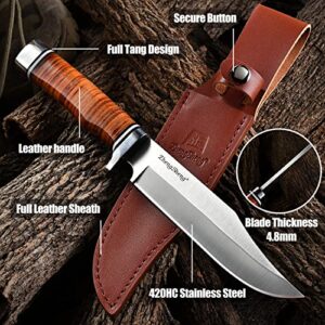 ZhengSheng 6.7 inches Fixed Blade Hunting Knife Genuine Leather Handle Bowie Knife with Leather Sheath Straight Edge Knife for Camping, Hiking, Survival