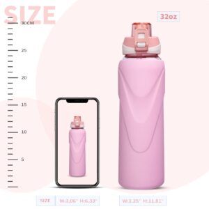 DEARRAY 32 oz Sports Glass Water Bottle with Straw & Silicone Sleeve Reusable BPA-free Borosilicate Glass Drinking Bottle with Flip Top Lid & Handle Wide Mouth (Pastel Pink)