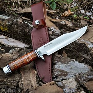 ZhengSheng 6.7 inches Fixed Blade Hunting Knife Genuine Leather Handle Bowie Knife with Leather Sheath Straight Edge Knife for Camping, Hiking, Survival