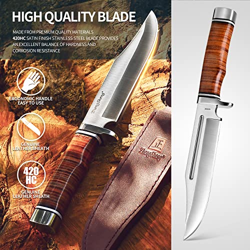 ZhengSheng 6.7 inches Fixed Blade Hunting Knife Genuine Leather Handle Bowie Knife with Leather Sheath Straight Edge Knife for Camping, Hiking, Survival