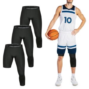 3 pack men's compression pants single leg 3/4 basketball tights leggings athletic running tights one leg base layer underwear black s