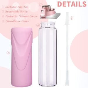 DEARRAY 32 oz Sports Glass Water Bottle with Straw & Silicone Sleeve Reusable BPA-free Borosilicate Glass Drinking Bottle with Flip Top Lid & Handle Wide Mouth (Pastel Pink)