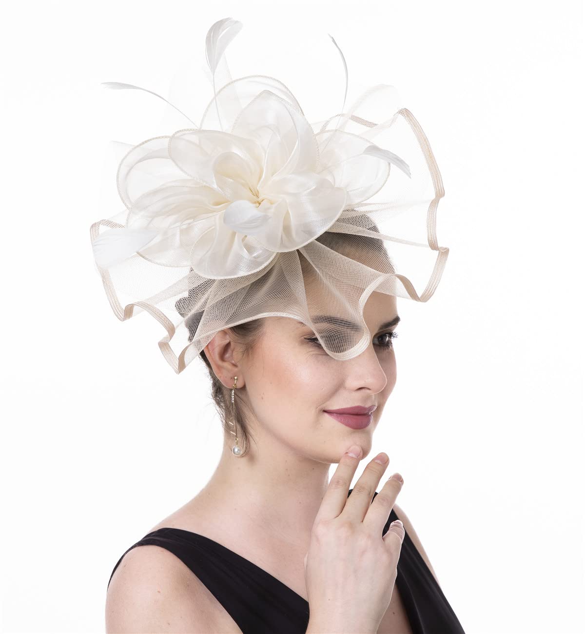 Fascinator Women's Organza Church Kentucky Derby British Bridal Tea Party Wedding Hat Summer Ruffle Hat, Medium(HJ2-Beige Flower)