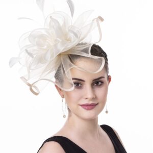 Fascinator Women's Organza Church Kentucky Derby British Bridal Tea Party Wedding Hat Summer Ruffle Hat, Medium(HJ2-Beige Flower)