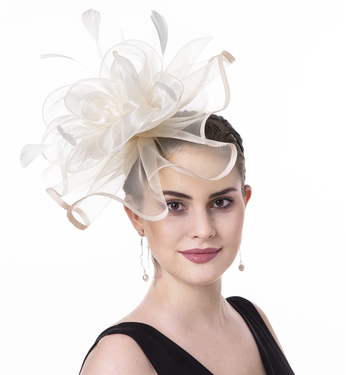 Fascinator Women's Organza Church Kentucky Derby British Bridal Tea Party Wedding Hat Summer Ruffle Hat, Medium(HJ2-Beige Flower)