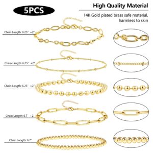 Gold Bracelets for Women Dainty Gold Bracelets Stack Set for Women Trendy 14K Gold Chain Paperclip Link Bead Bracelet Stackable Layered Bracelet Fashion Jewelry