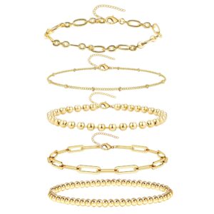 gold bracelets for women dainty gold bracelets stack set for women trendy 14k gold chain paperclip link bead bracelet stackable layered bracelet fashion jewelry