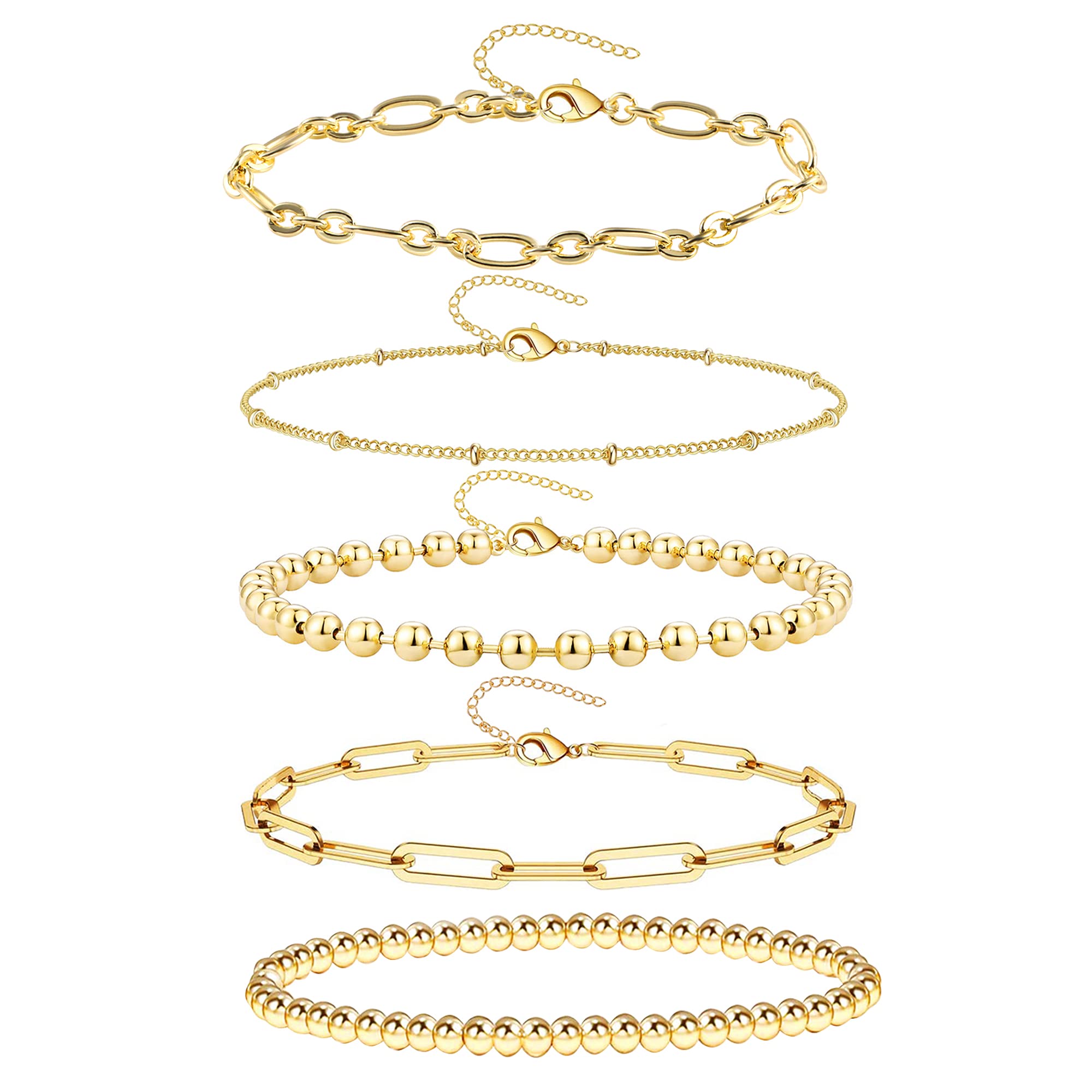 Gold Bracelets for Women Dainty Gold Bracelets Stack Set for Women Trendy 14K Gold Chain Paperclip Link Bead Bracelet Stackable Layered Bracelet Fashion Jewelry