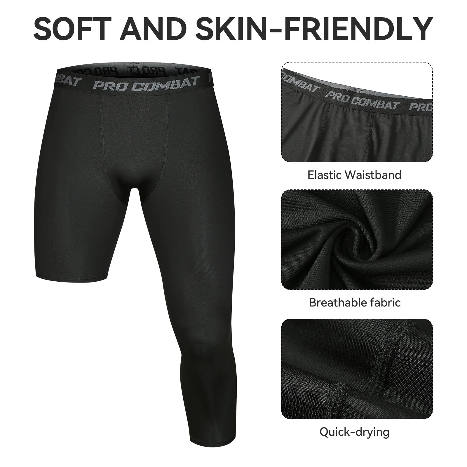 3 Pack Men's Compression Pants Single Leg 3/4 Basketball Tights Leggings Athletic Running Tights One Leg Base Layer Underwear Black S