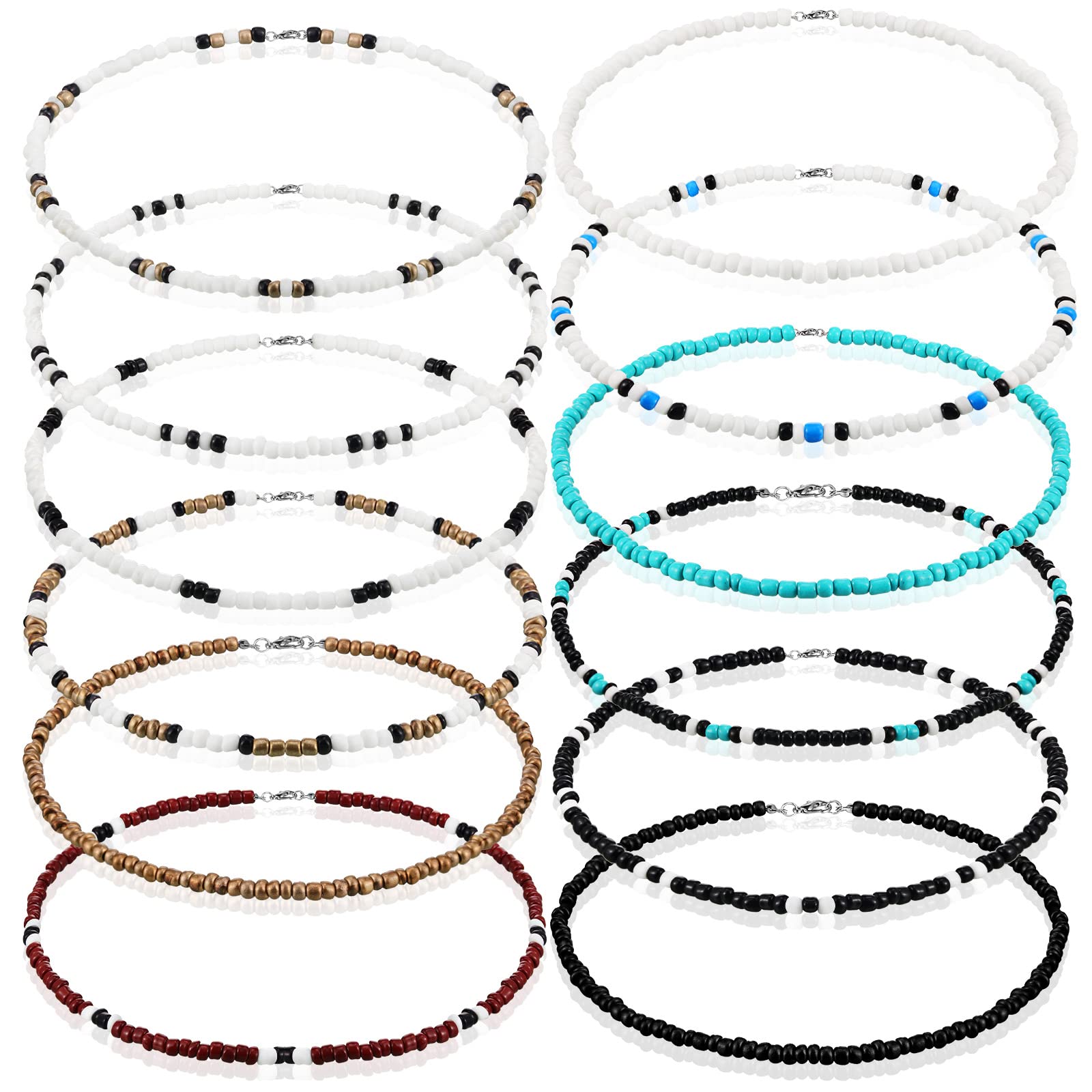 Yinkin 12 Pcs Puka Shell Necklace Beach Surfer Beaded Necklace Summer Surfer Chokers for Men Women Jewelry(Multicolor)