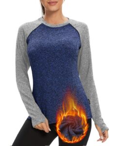 fleece lined shirt for women long sleeve running shirts with thumb holes（navy-grey,medium