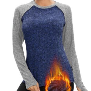 Fleece Lined Shirt for Women Long Sleeve Running Shirts with Thumb Holes（Navy-Grey,Medium