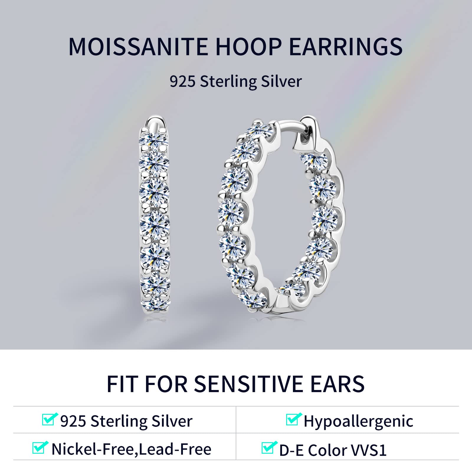 Moissanite Hoop Earrings for Women, 925 Sterling Silver D-E Color VVS1 Lab-Created Diamond Huggie Earrings, 18K White Gold Plated Small Hoop Earring Hypoallergenic Jewelry Gifts