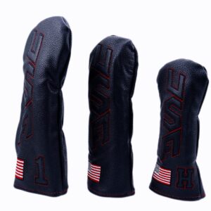 ROYMADE Golf Club Covers Set USA Design Driver Fairway Woods Hybrid 1 3 5 UT 4pcs Covers Set Leather Golf Head Covers for Golf Clubs (USA Black+black(DR+FW+UT 4pcs))