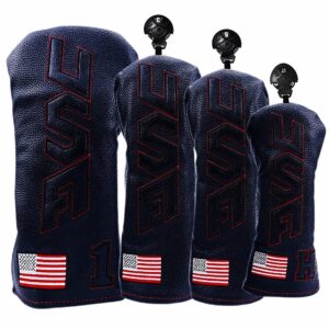 ROYMADE Golf Club Covers Set USA Design Driver Fairway Woods Hybrid 1 3 5 UT 4pcs Covers Set Leather Golf Head Covers for Golf Clubs (USA Black+black(DR+FW+UT 4pcs))