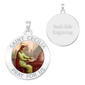 PicturesOnGold.com Saint Cecilia Round Religious Medal - 10k White Gold - 3/4 x 3/4 Inch Size of a Nickel with Engraving