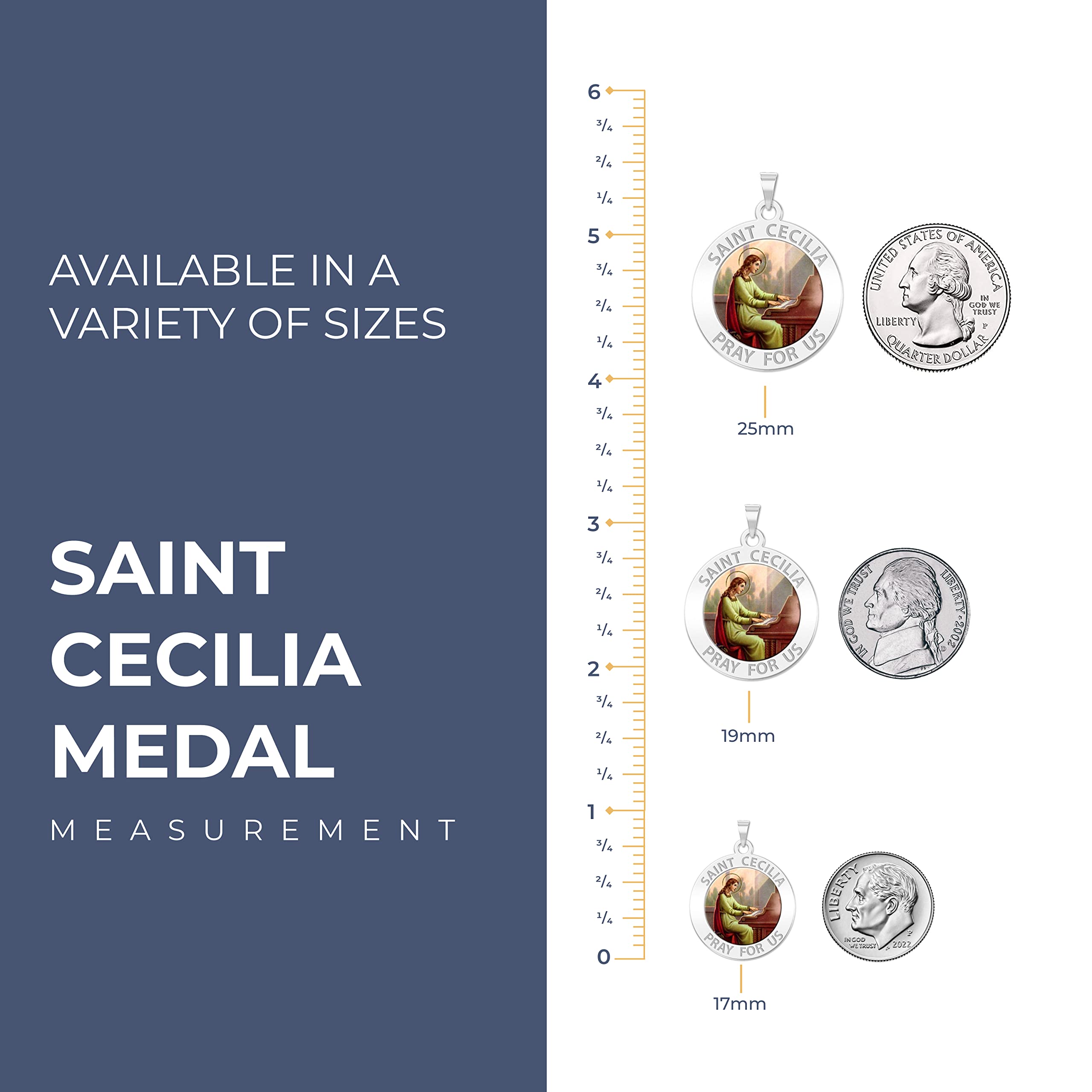 PicturesOnGold.com Saint Cecilia Round Religious Medal - 14k Yellow Gold - 2/3 x 2/3 Inch Size of Dime