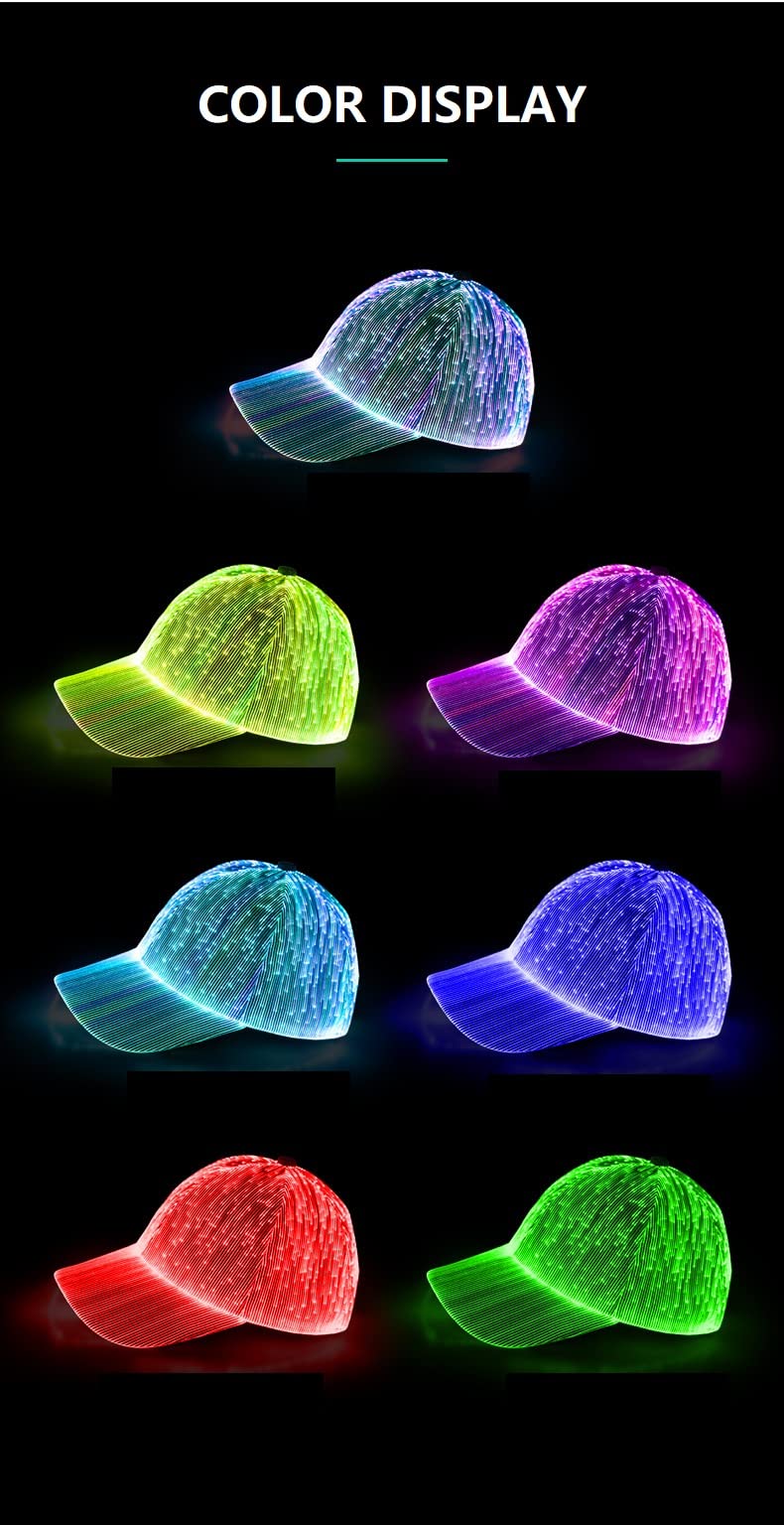 LED Light Up Hat for Men，7 Colors Glow Hat Fiber Optic Rave Luminous Baseball Cap for Women USB Charging White