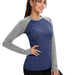 Fleece Lined Shirt for Women Long Sleeve Running Shirts with Thumb Holes（Navy-Grey,Medium