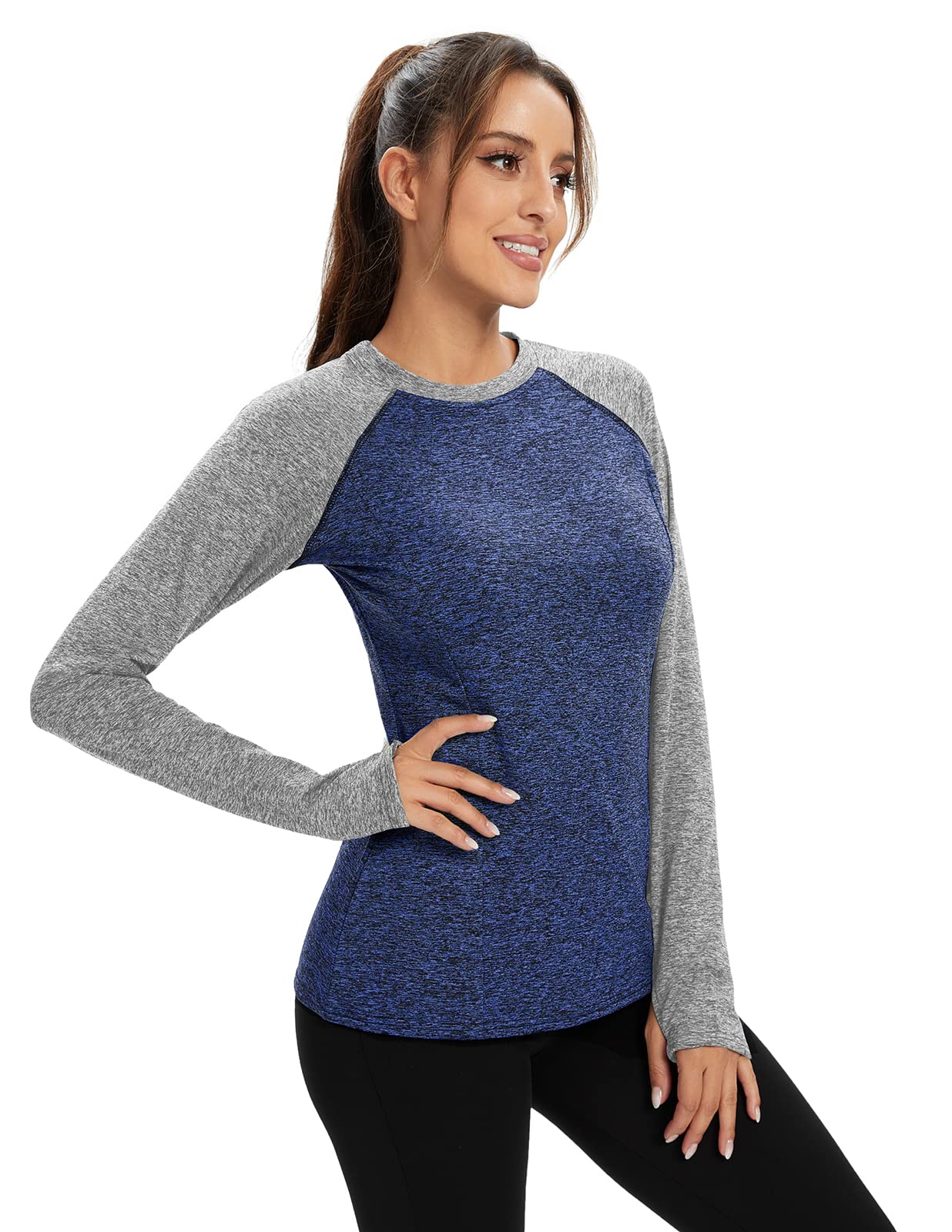 Fleece Lined Shirt for Women Long Sleeve Running Shirts with Thumb Holes（Navy-Grey,Medium